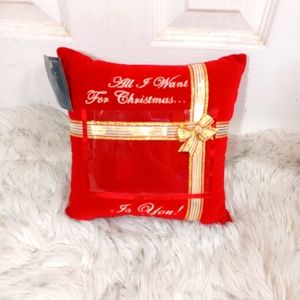 Red Christmas Pillow Photo Holder "All I want for Christmas" New With Tags 8×8"